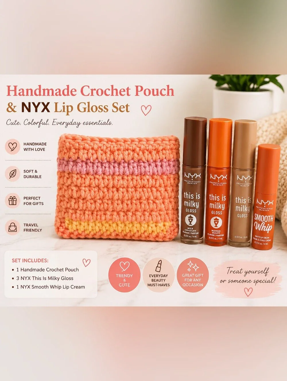 NYX Lip Gloss Set with Crochet Pouch - Peach, Pink & Yellow Accents